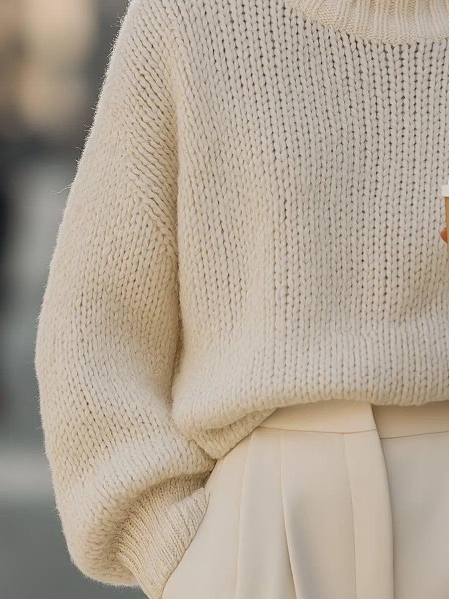 Oversized Cream Knit Turtleneck - Sweater CAAYWORLD