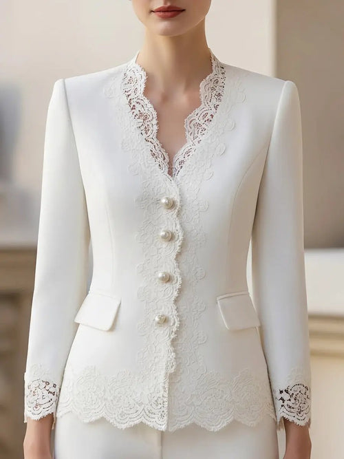 Pearl-Button Lace-Trim Women's Tailored Jacket - Blazer CAAYWORLD