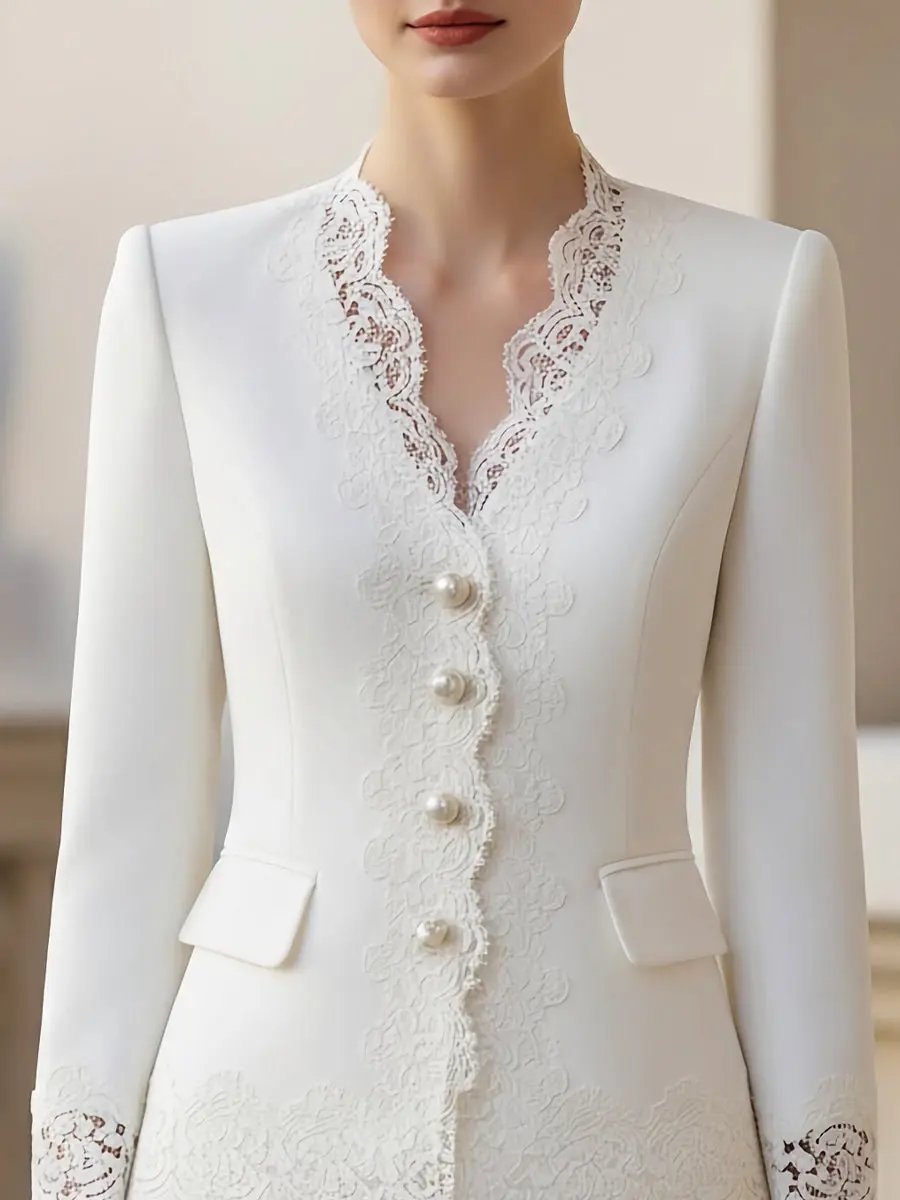Pearl-Button Lace-Trim Women's Tailored Jacket - Blazer CAAYWORLD
