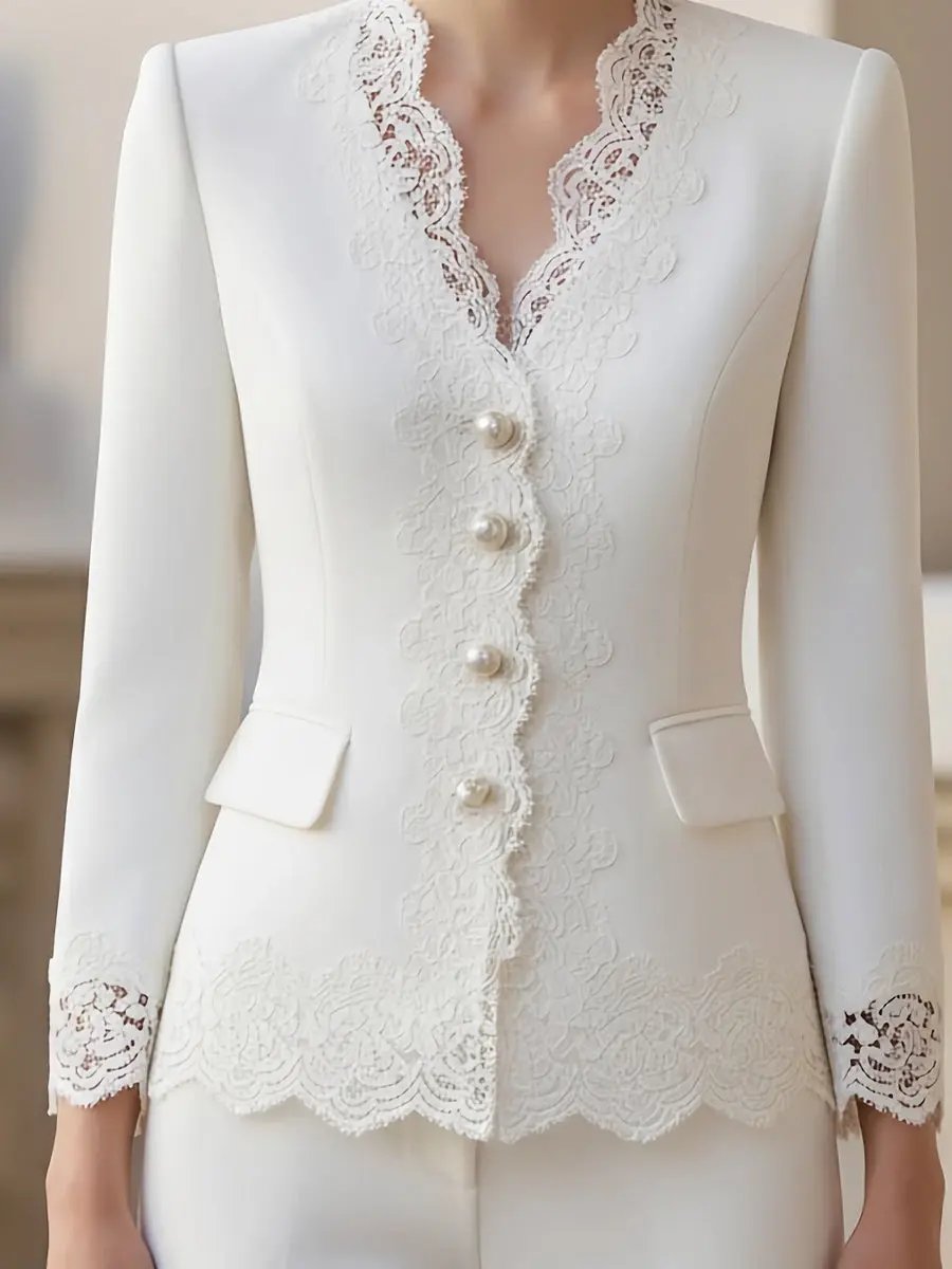 Pearl-Button Lace-Trim Women's Tailored Jacket - Blazer CAAYWORLD