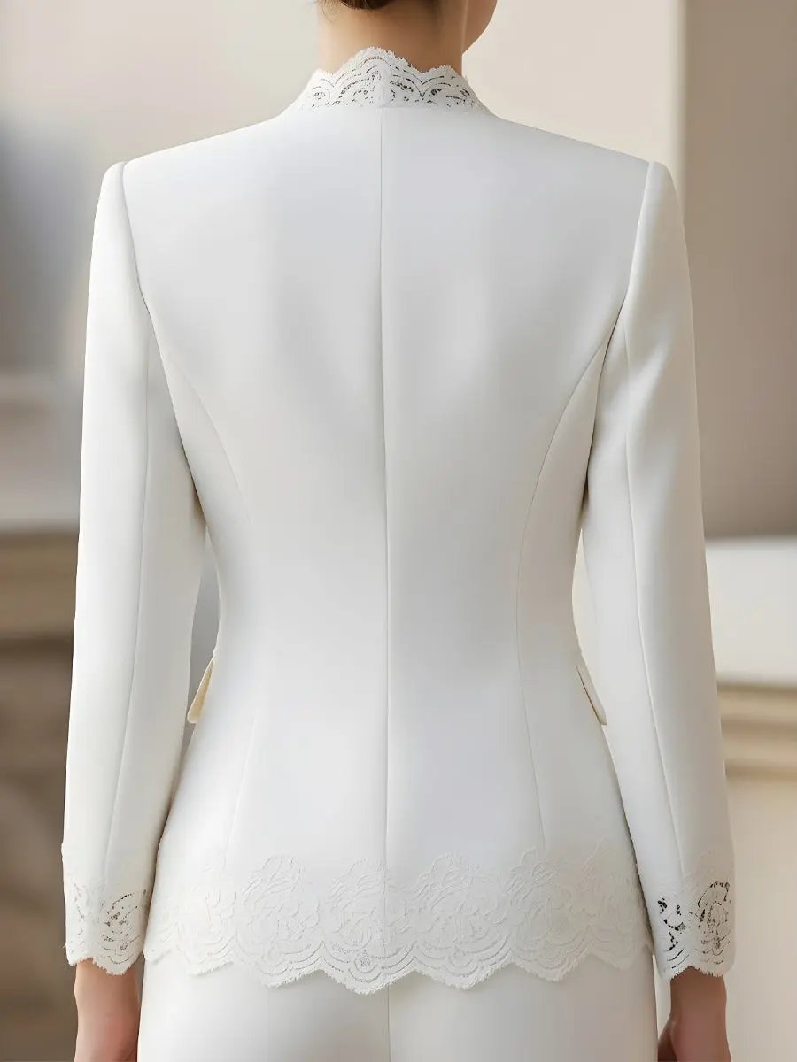 Pearl-Button Lace-Trim Women's Tailored Jacket - Blazer CAAYWORLD