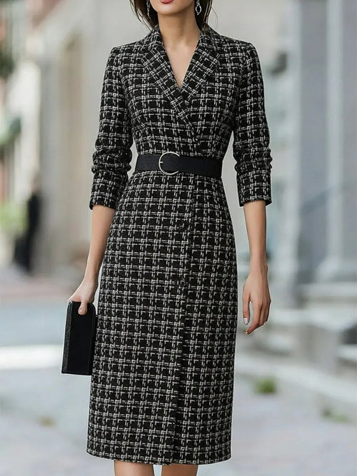 Plaid Tweed Belted Vintage Chic - Midi Dress CAAYWORLD