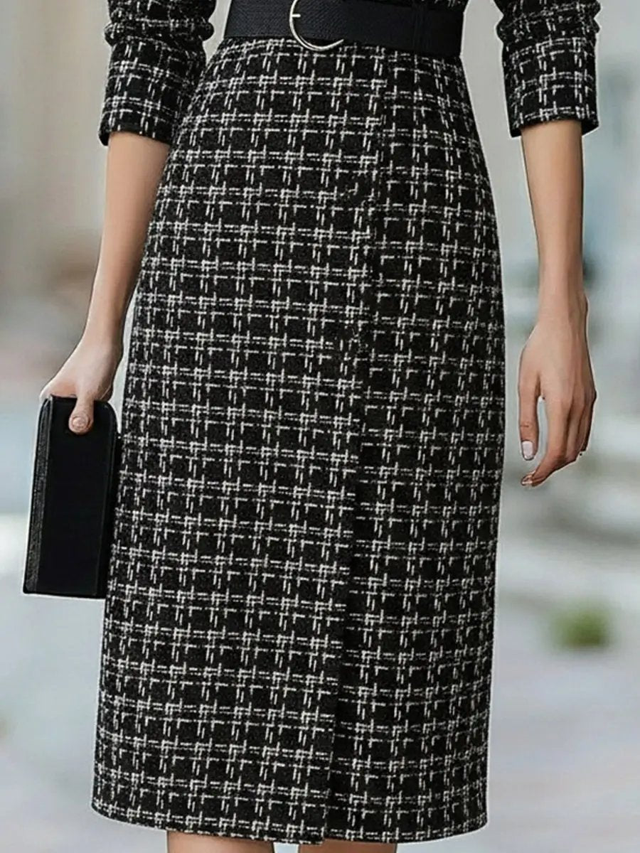 Plaid Tweed Belted Vintage Chic - Midi Dress CAAYWORLD