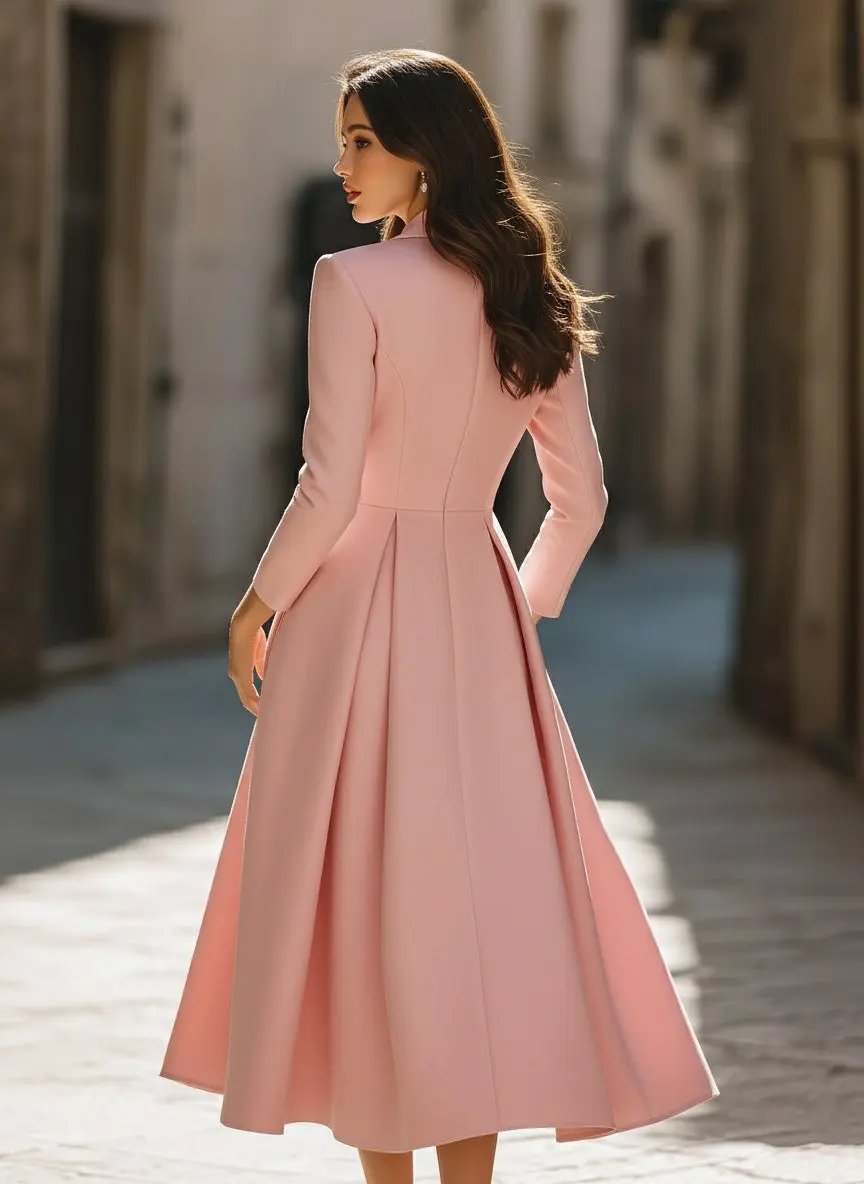 Pleated Blazer-Style Tailored Workwear Dress - Midi Dress CAAYWORLD
