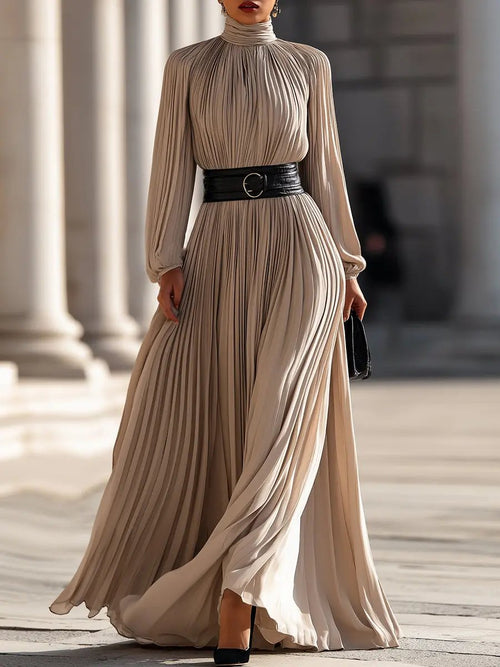Pleated High-Neck Flowy Chiffon - Maxi Dress CAAYWORLD