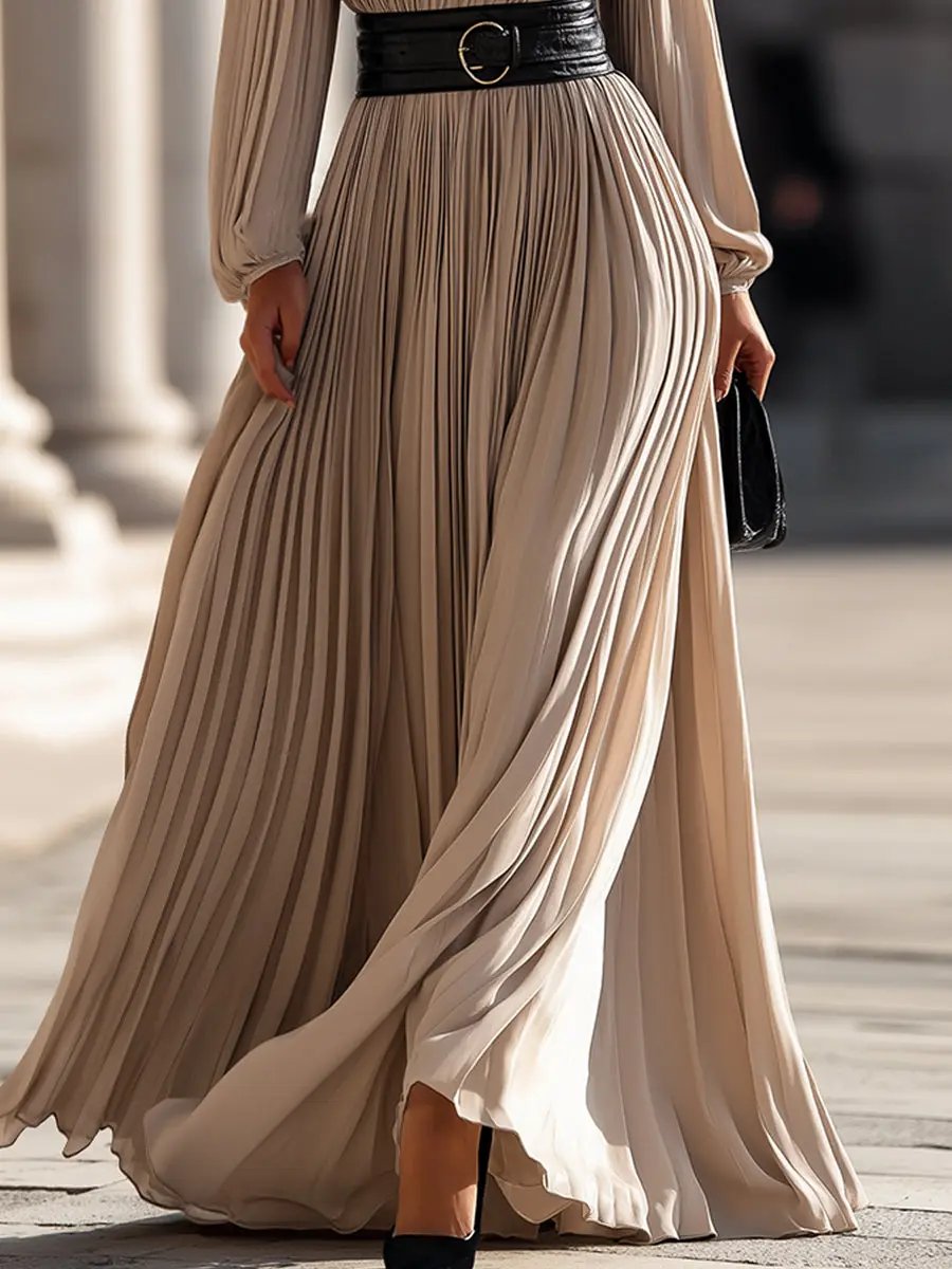 Pleated High-Neck Flowy Chiffon - Maxi Dress CAAYWORLD