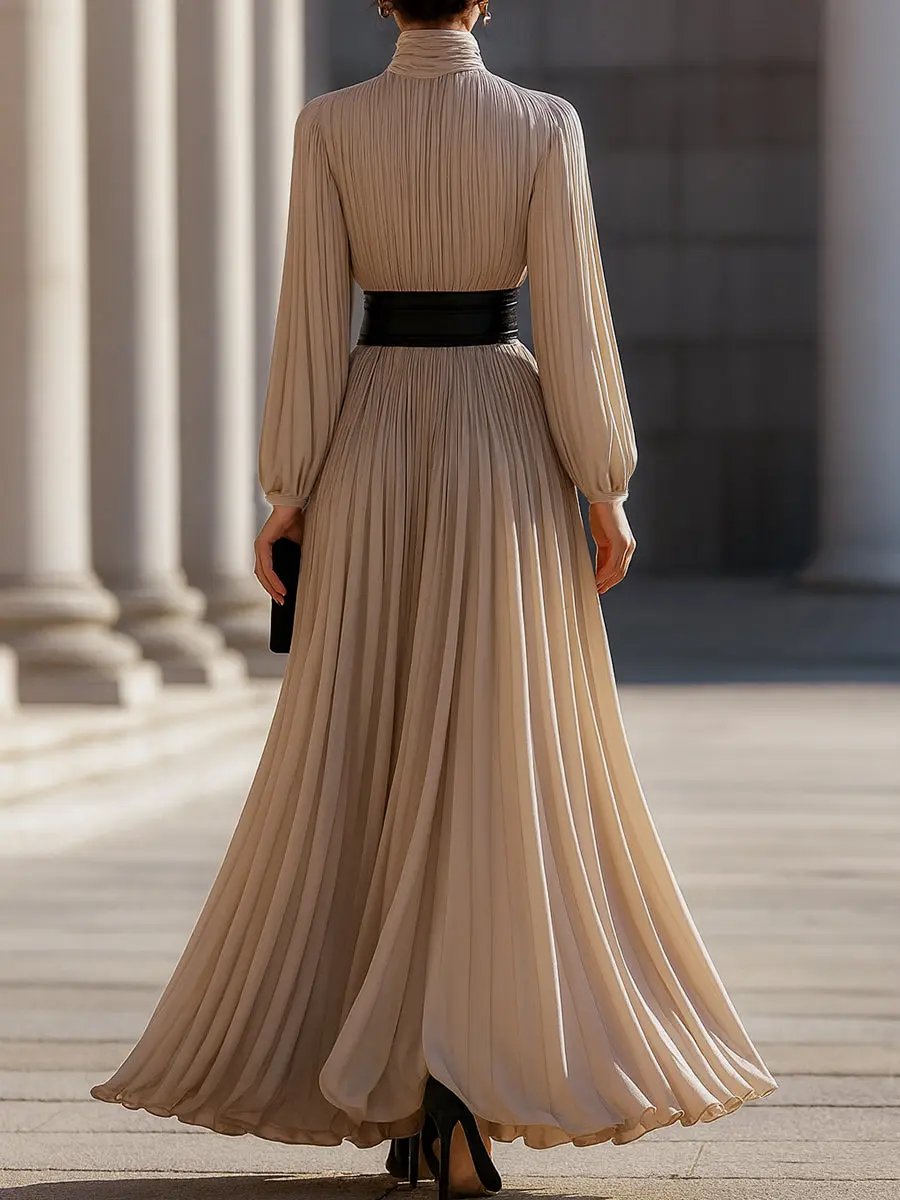 Pleated High-Neck Flowy Chiffon - Maxi Dress CAAYWORLD