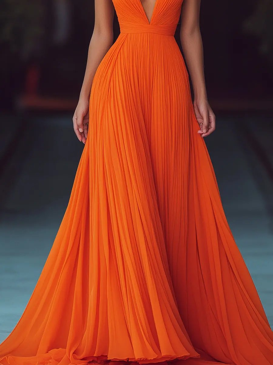 Pleated V-Neck Halter Flowy Sleeveless - Maxi Dress CAAYWORLD