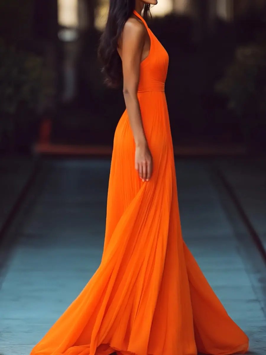 Pleated V-Neck Halter Flowy Sleeveless - Maxi Dress CAAYWORLD