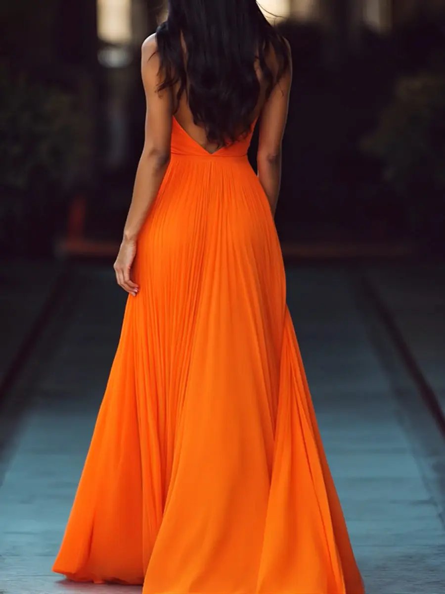 Pleated V-Neck Halter Flowy Sleeveless - Maxi Dress CAAYWORLD