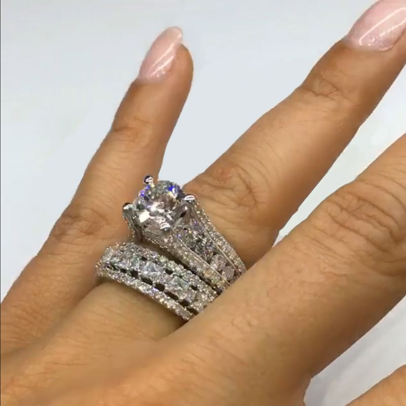 2pcs Luxury Round Cut With Round Pave Bridal Set in Sterling Silver Shineofdiamond