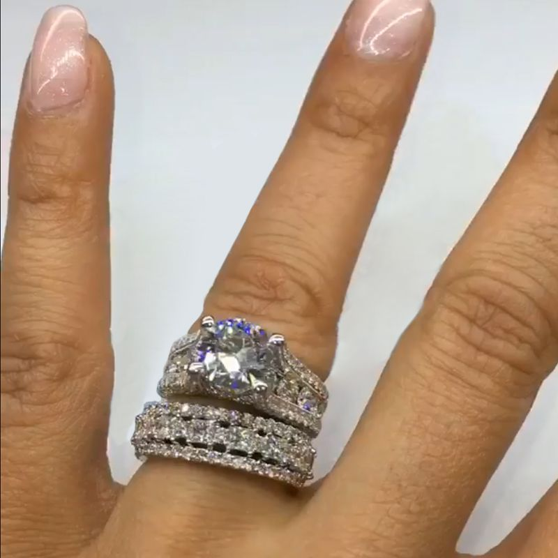 2pcs Luxury Round Cut With Round Pave Bridal Set in Sterling Silver Shineofdiamond