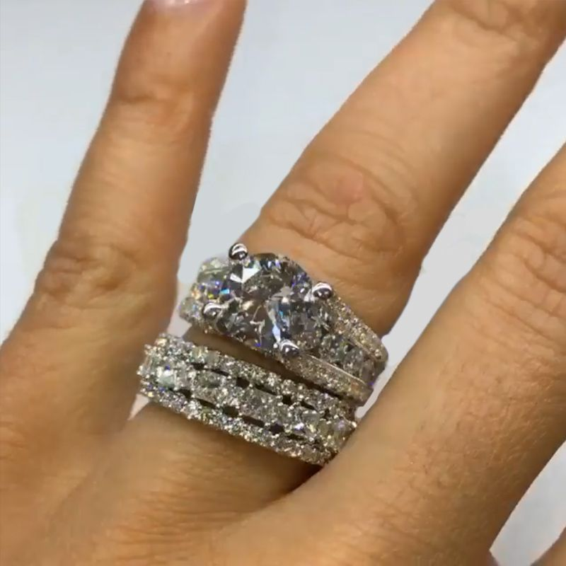 2pcs Luxury Round Cut With Round Pave Bridal Set in Sterling Silver Shineofdiamond