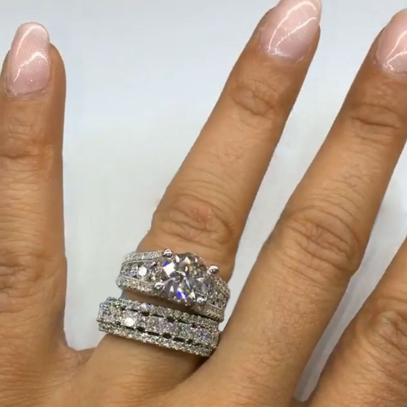 2pcs Luxury Round Cut With Round Pave Bridal Set in Sterling Silver Shineofdiamond