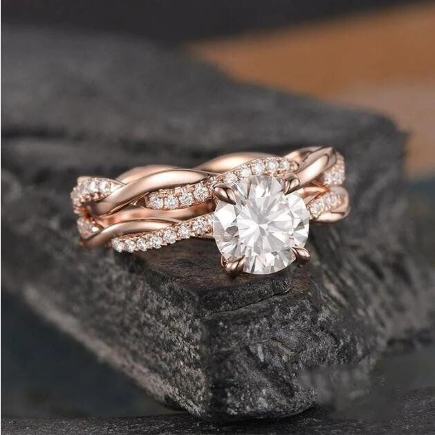 Rose Golden Twist Round Cut Wedding Set in Sterling Silver shineofdiamond