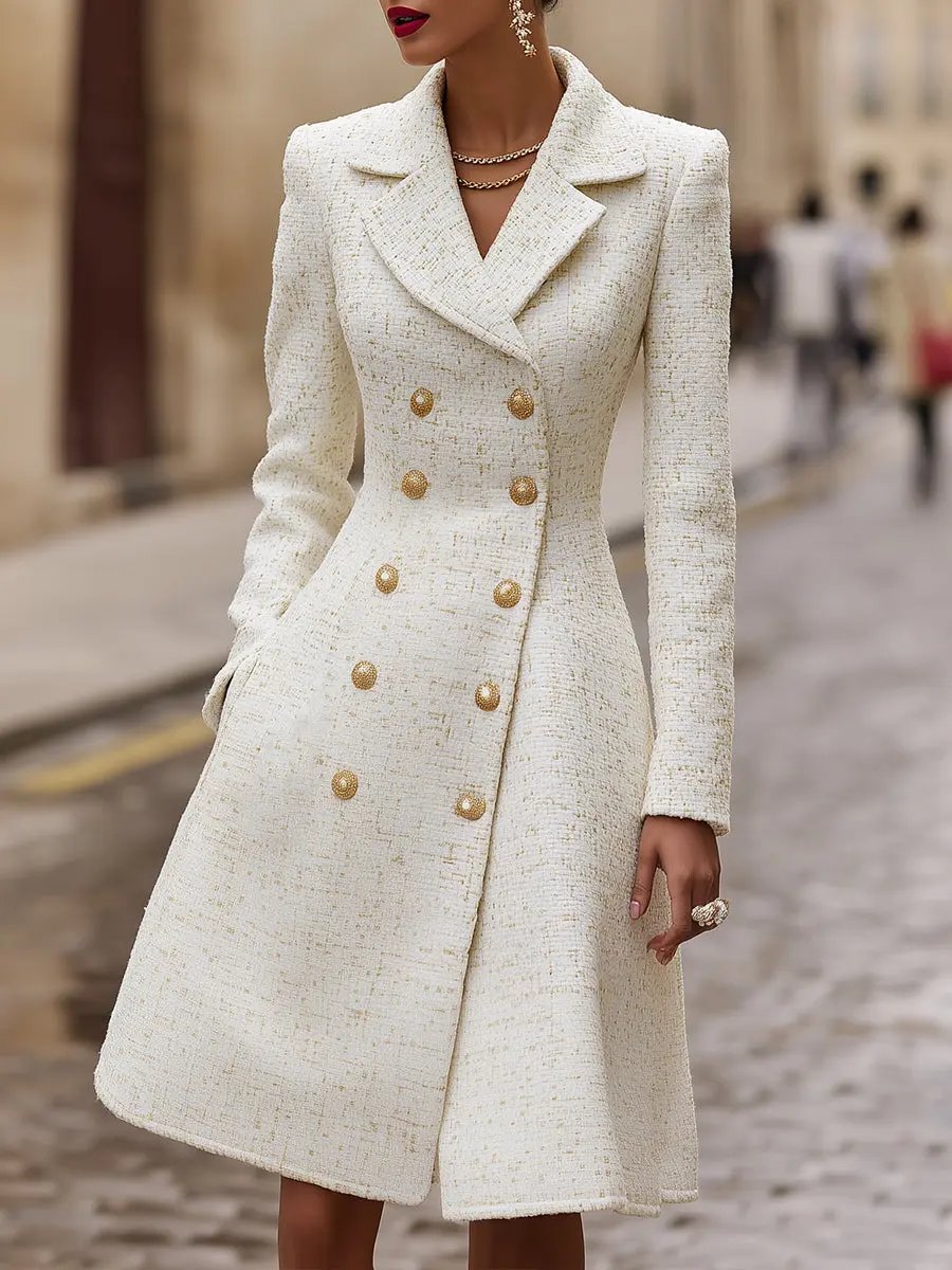 Regal Double-Breasted Ivory Coat Dress - Coat Dress CAAYWORLD