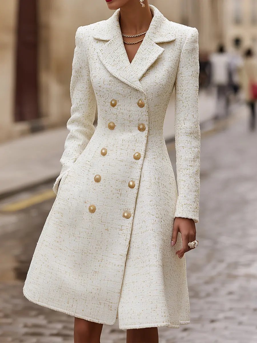 Regal Double-Breasted Ivory Coat Dress - Coat Dress CAAYWORLD