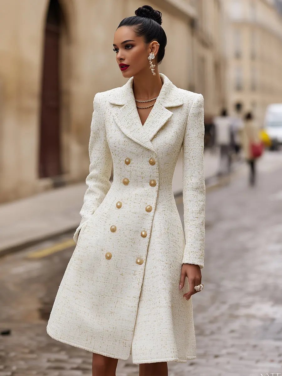 Regal Double-Breasted Ivory Coat Dress - Coat Dress CAAYWORLD