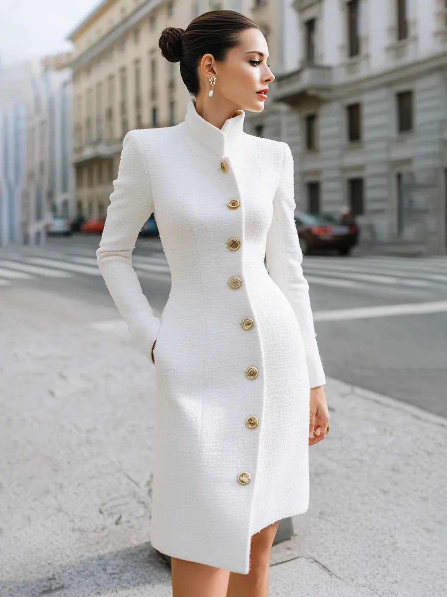 Regal White High-Neck Button Detail - Midi Dress CAAYWORLD