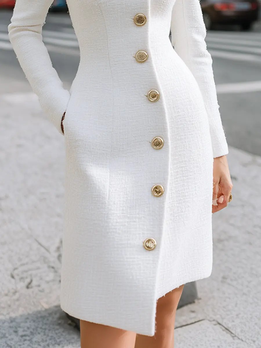 Regal White High-Neck Button Detail - Midi Dress CAAYWORLD