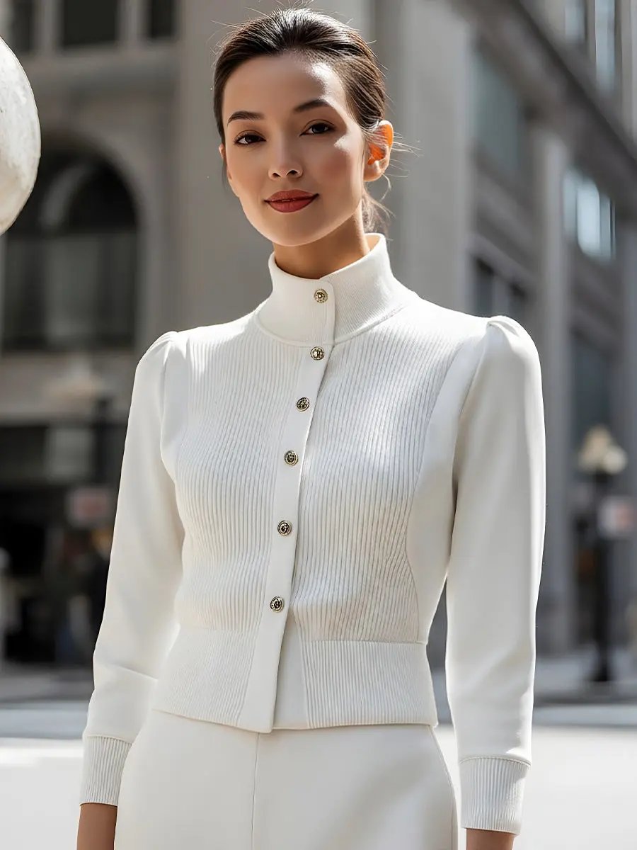 Ribbed Knit Panel With Gold Buttons - Jacket CAAYWORLD