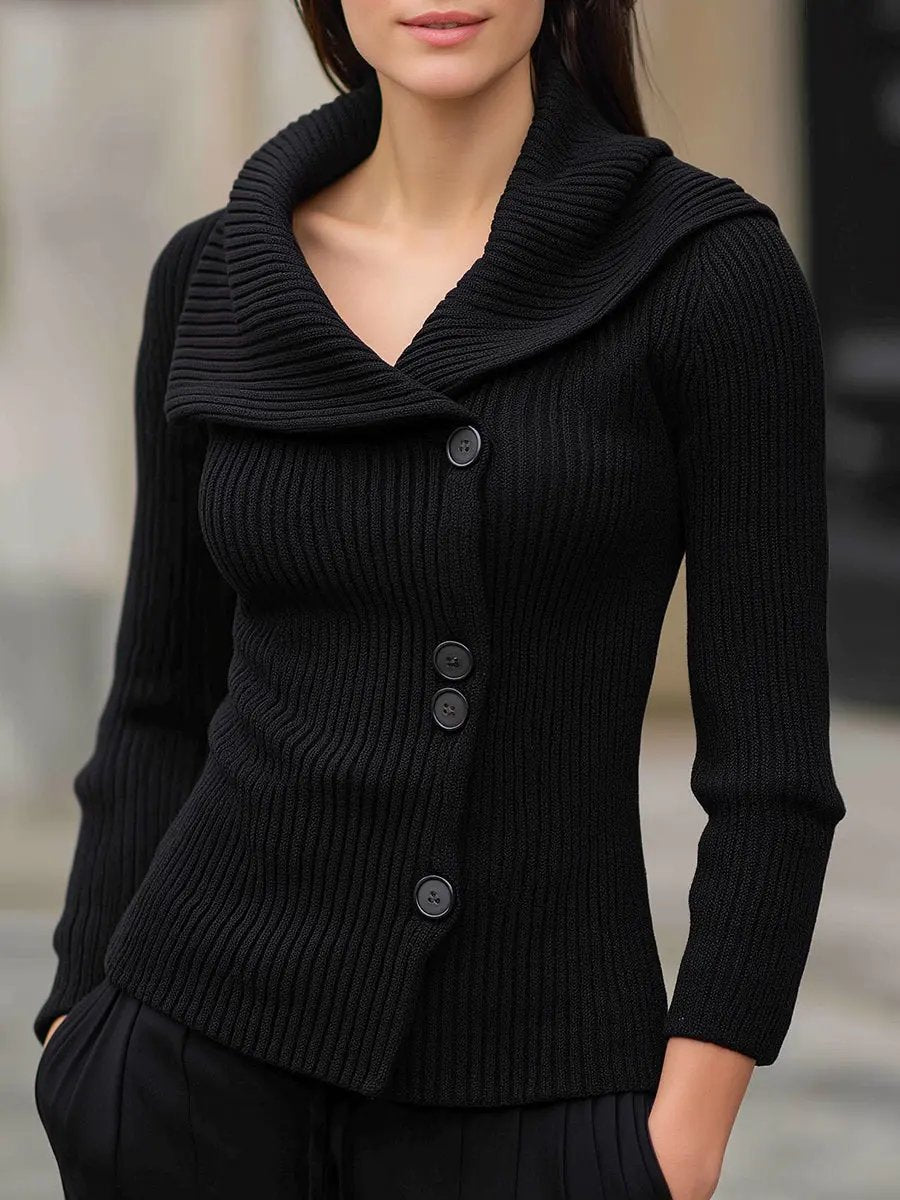 Ribbed Wide-Collar Button-Up - Knit Top CAAYWORLD