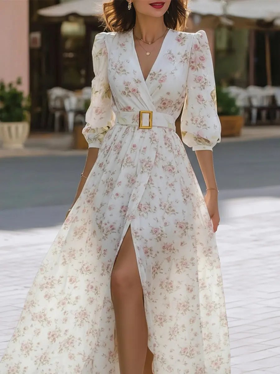Romantic Floral Chiffon Belted Waist - Maxi Dress CAAYWORLD