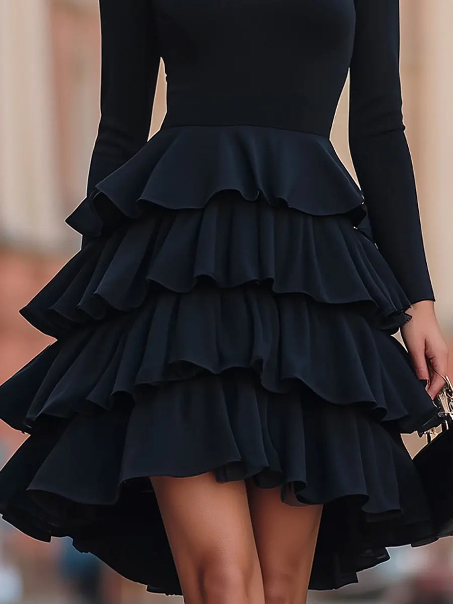 Ruffled Tiered Black Party Dress - Mini Dress CAAYWORLD