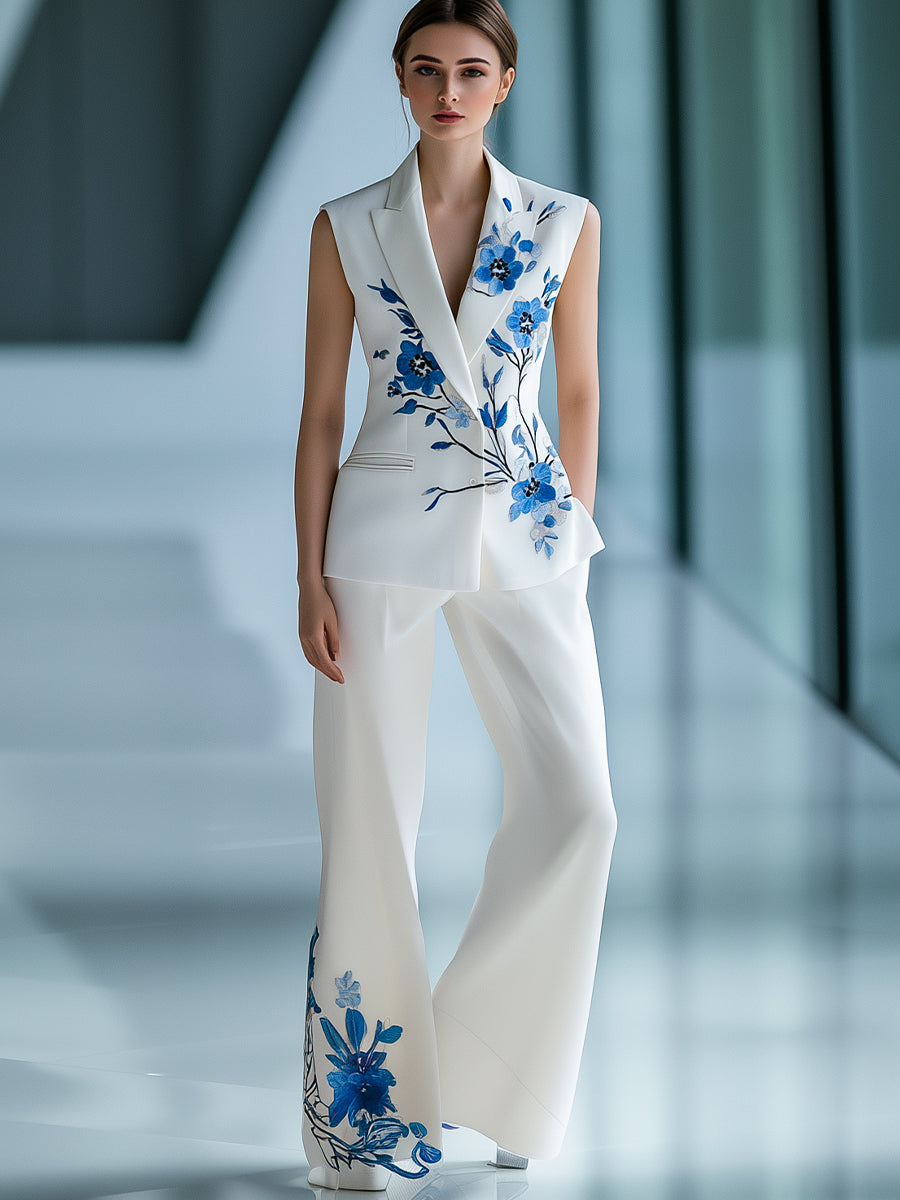 Urban Sleeveless Floral Printed Blazer and Trousers Set ZJ