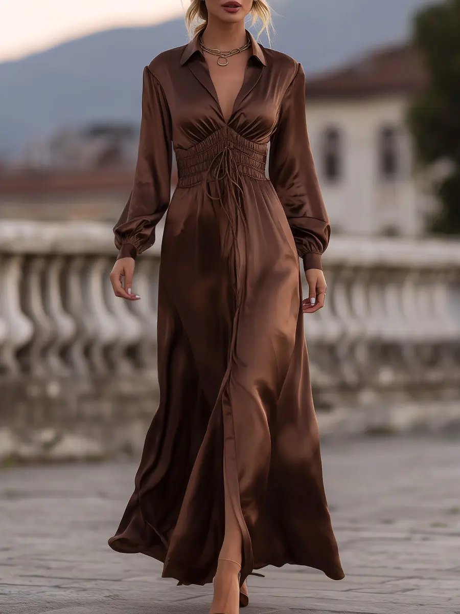 Satin Cinched Waist Mocha Brown - Maxi Dress CAAYWORLD