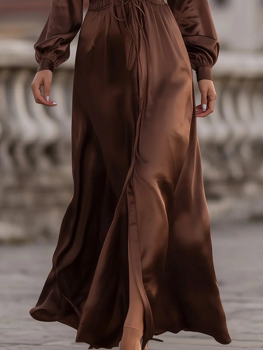 Satin Cinched Waist Mocha Brown - Maxi Dress CAAYWORLD
