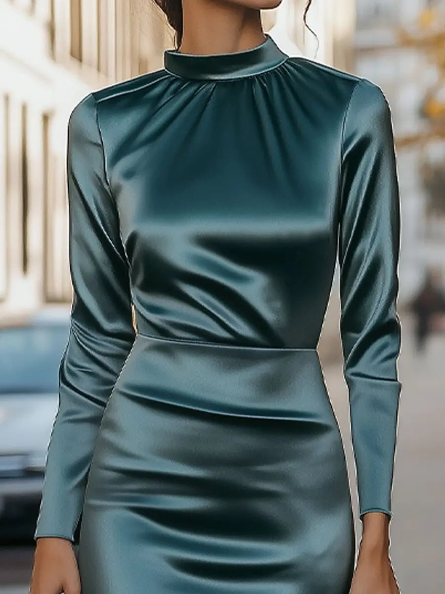 Satin High-Neck Draped Evening Silhouette - Maxi Dress CAAYWORLD