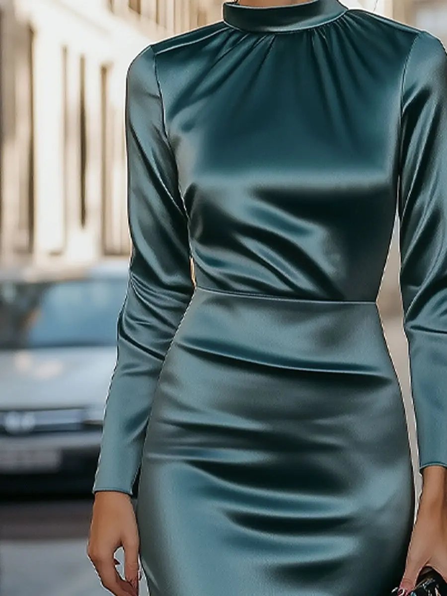 Satin High-Neck Draped Evening Silhouette - Maxi Dress CAAYWORLD
