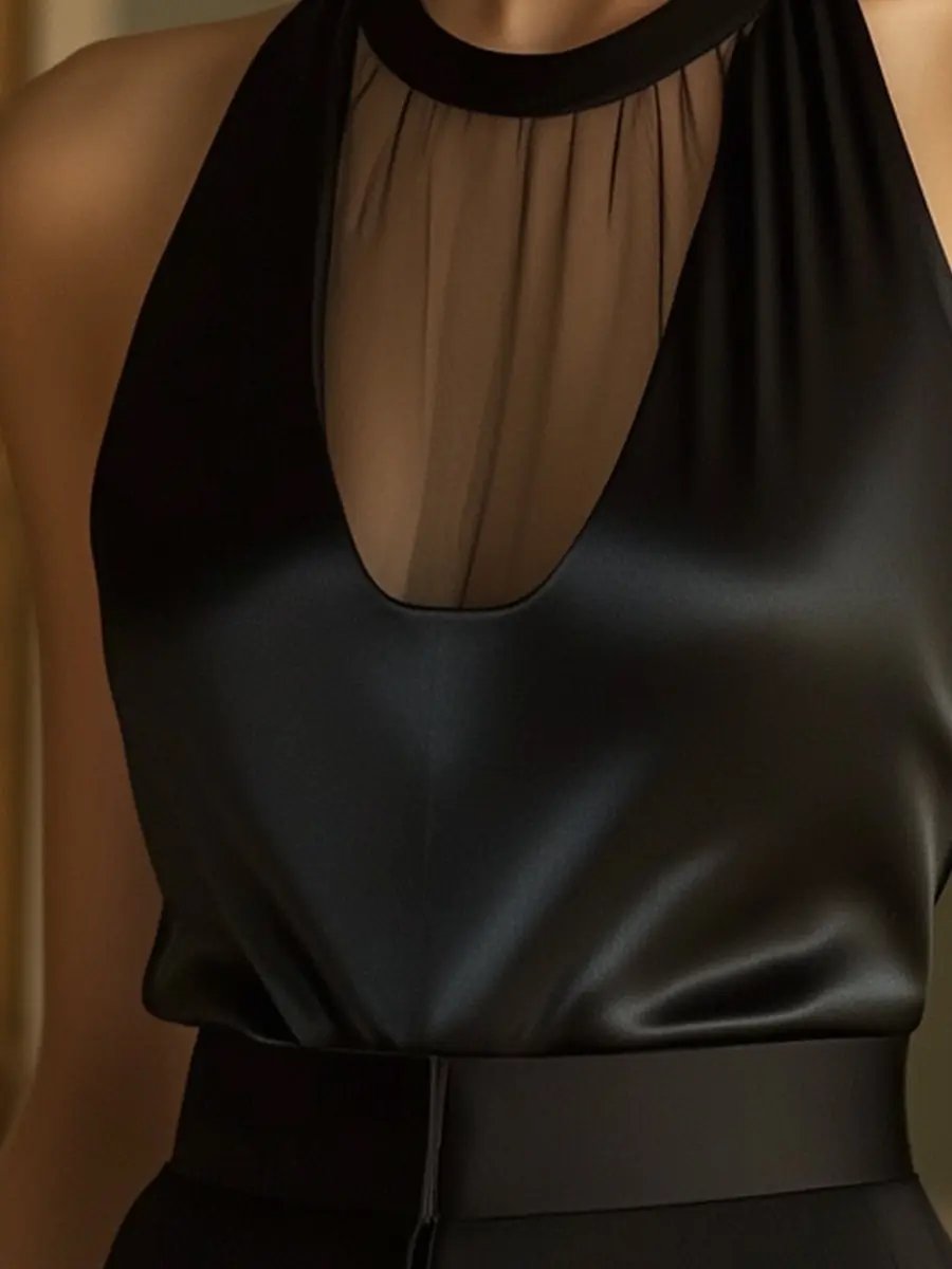 Satin Sheer Panel Halter - Halter Top CAAYWORLD