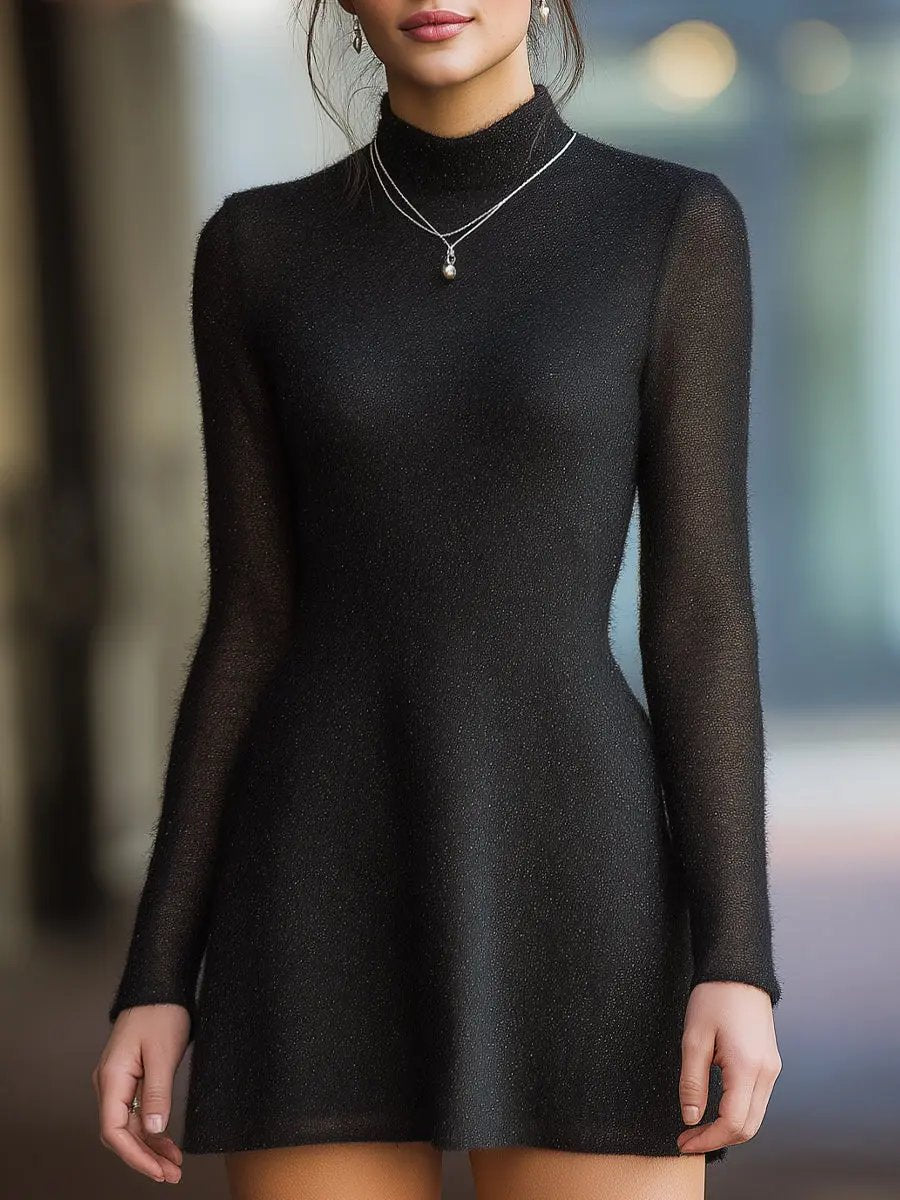 Sheer Sparkle Long Sleeves High Neck - Mini Dress CAAYWORLD