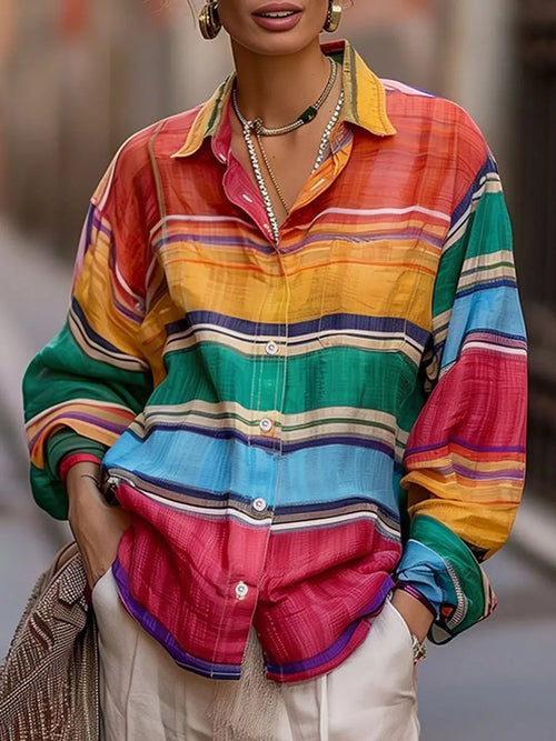 Shirt-Collar Rainbow Stripe Linen Top - Blouse CAAYWORLD