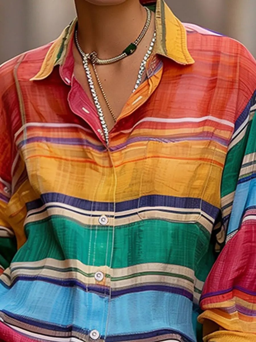 Shirt-Collar Rainbow Stripe Linen Top - Blouse CAAYWORLD