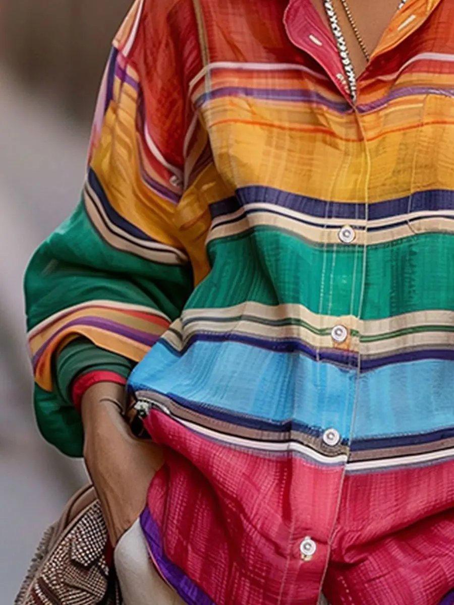 Shirt-Collar Rainbow Stripe Linen Top - Blouse CAAYWORLD
