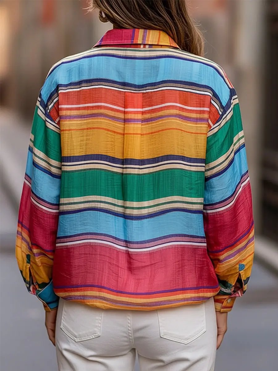 Shirt-Collar Rainbow Stripe Linen Top - Blouse CAAYWORLD
