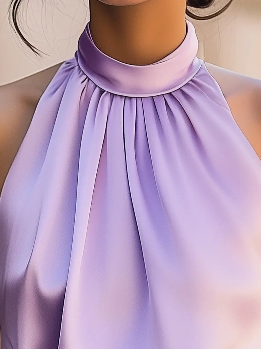 Silky Lavender High-Neck Satin Top - Blouse CAAYWORLD