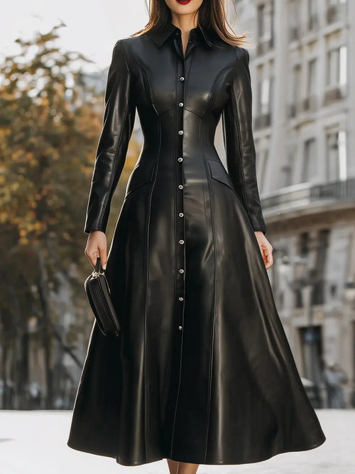 Sleek Black Faux Leather Button-Front Shirt Dress - Midi Dress CAAYWORLD