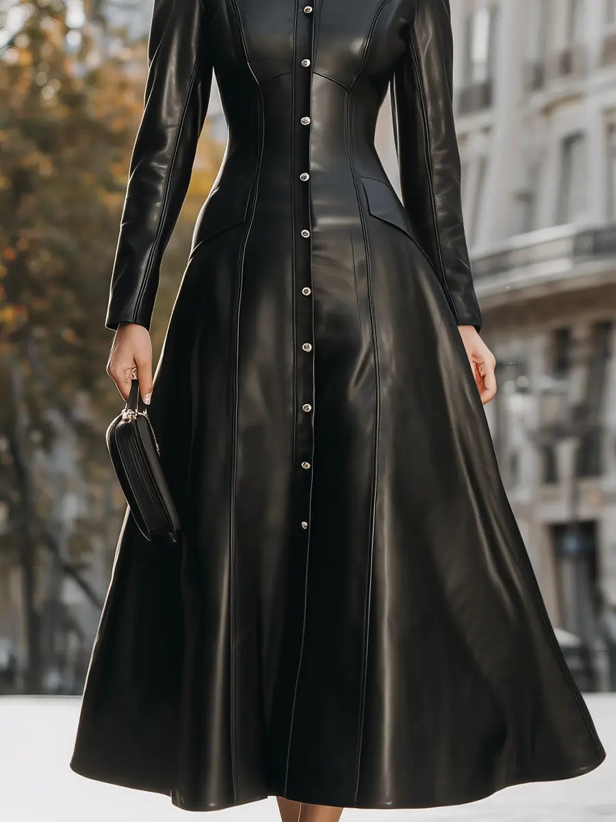 Sleek Black Faux Leather Button-Front Shirt Dress - Midi Dress CAAYWORLD