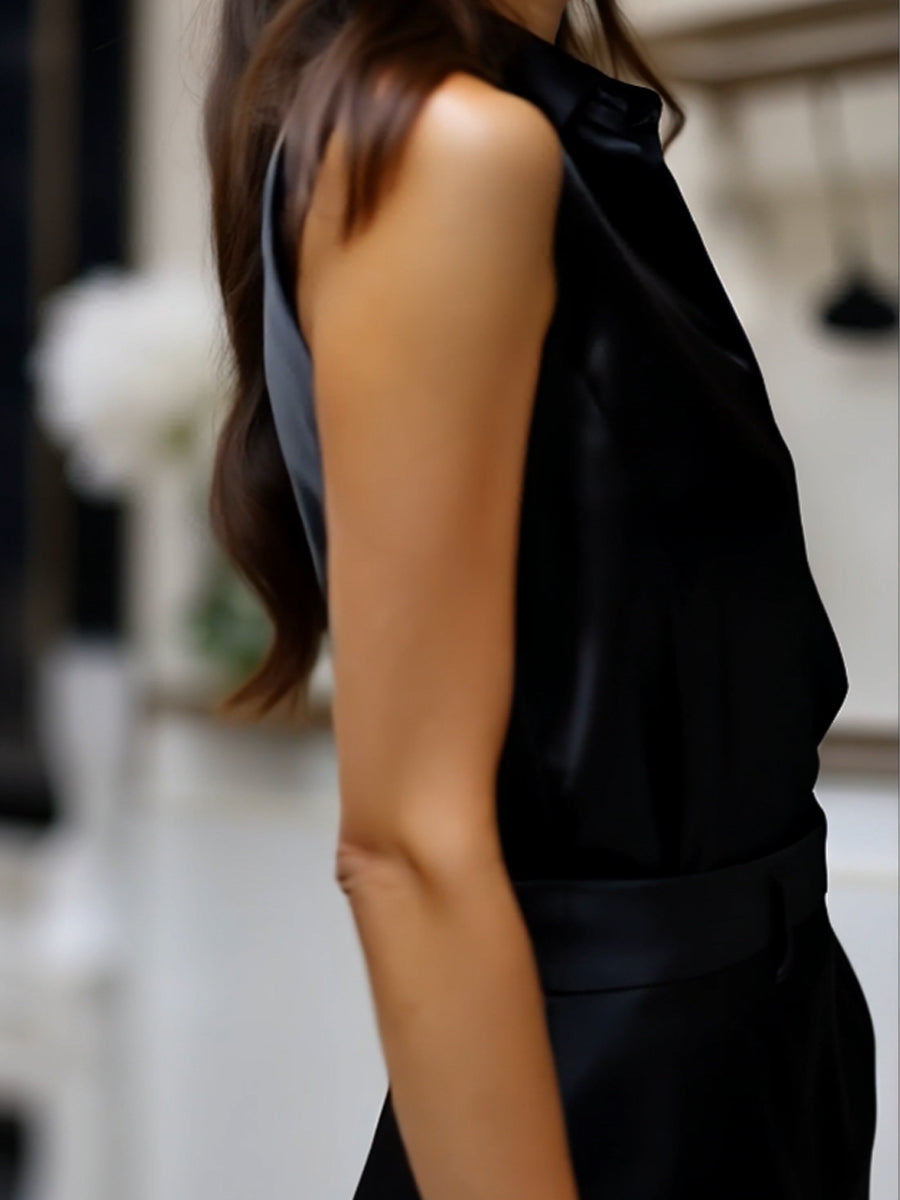Sleek Black Satin Sleeveless Blouse ZJ