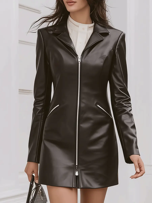 Sleek Black Zip-Front Faux Leather Blazer Style - Mini Dress CAAYWORLD