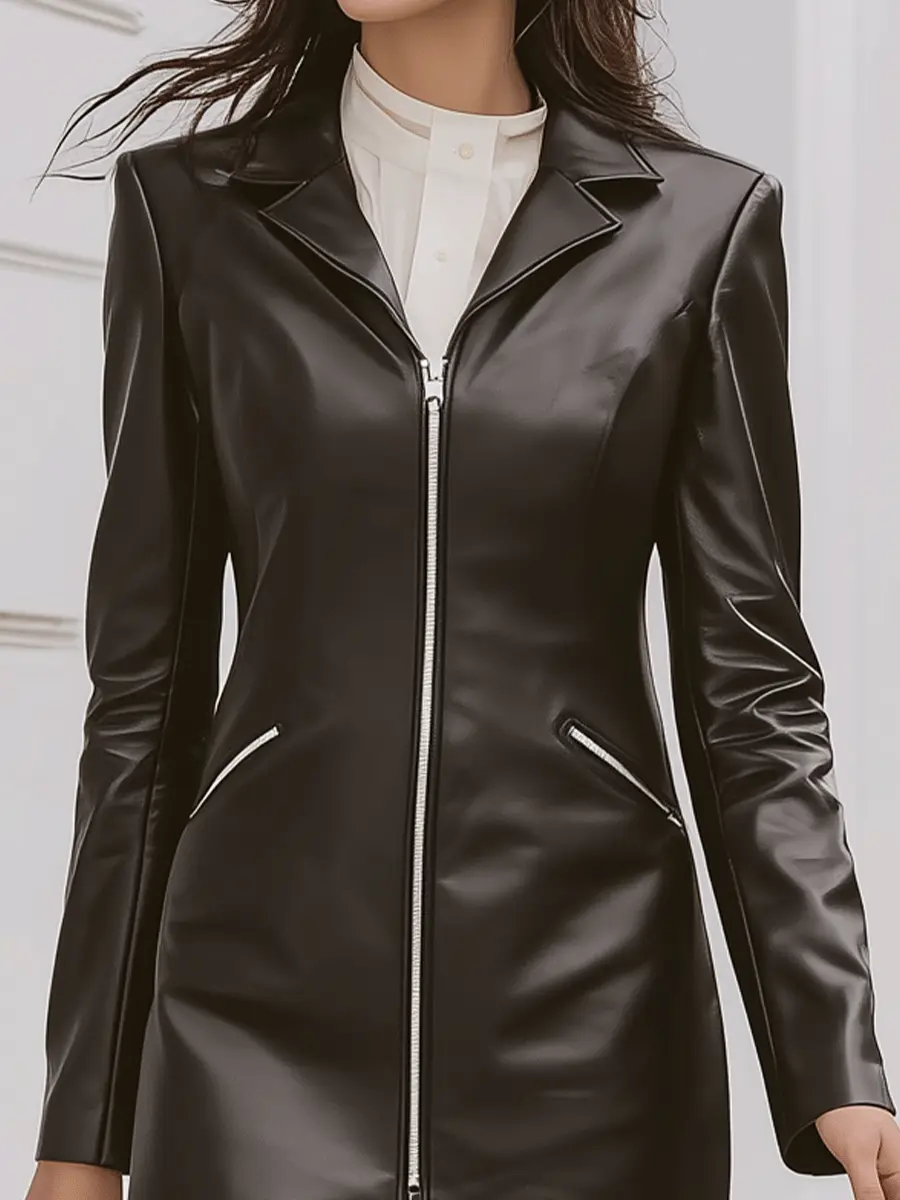 Sleek Black Zip-Front Faux Leather Blazer Style - Mini Dress CAAYWORLD