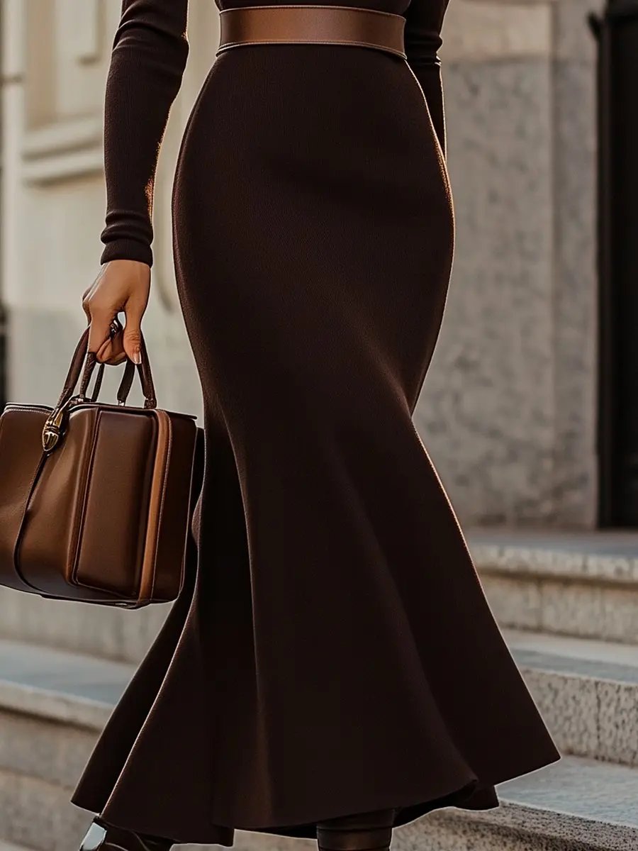 Sleek Espresso Turtleneck with Contrast Waistband - Midi Dress CAAYWORLD