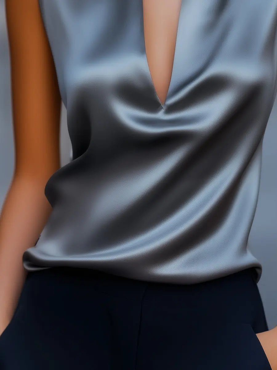 Sleek Gray Satin Plunge V‑Neck - Blouse CAAYWORLD