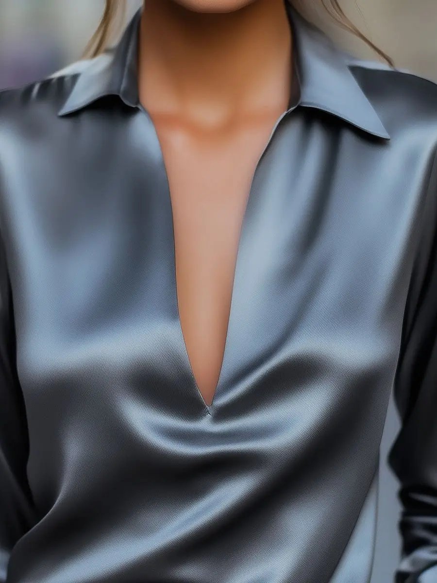 Sleek Silver Satin Plunge V-Neck - Blouse CAAYWORLD