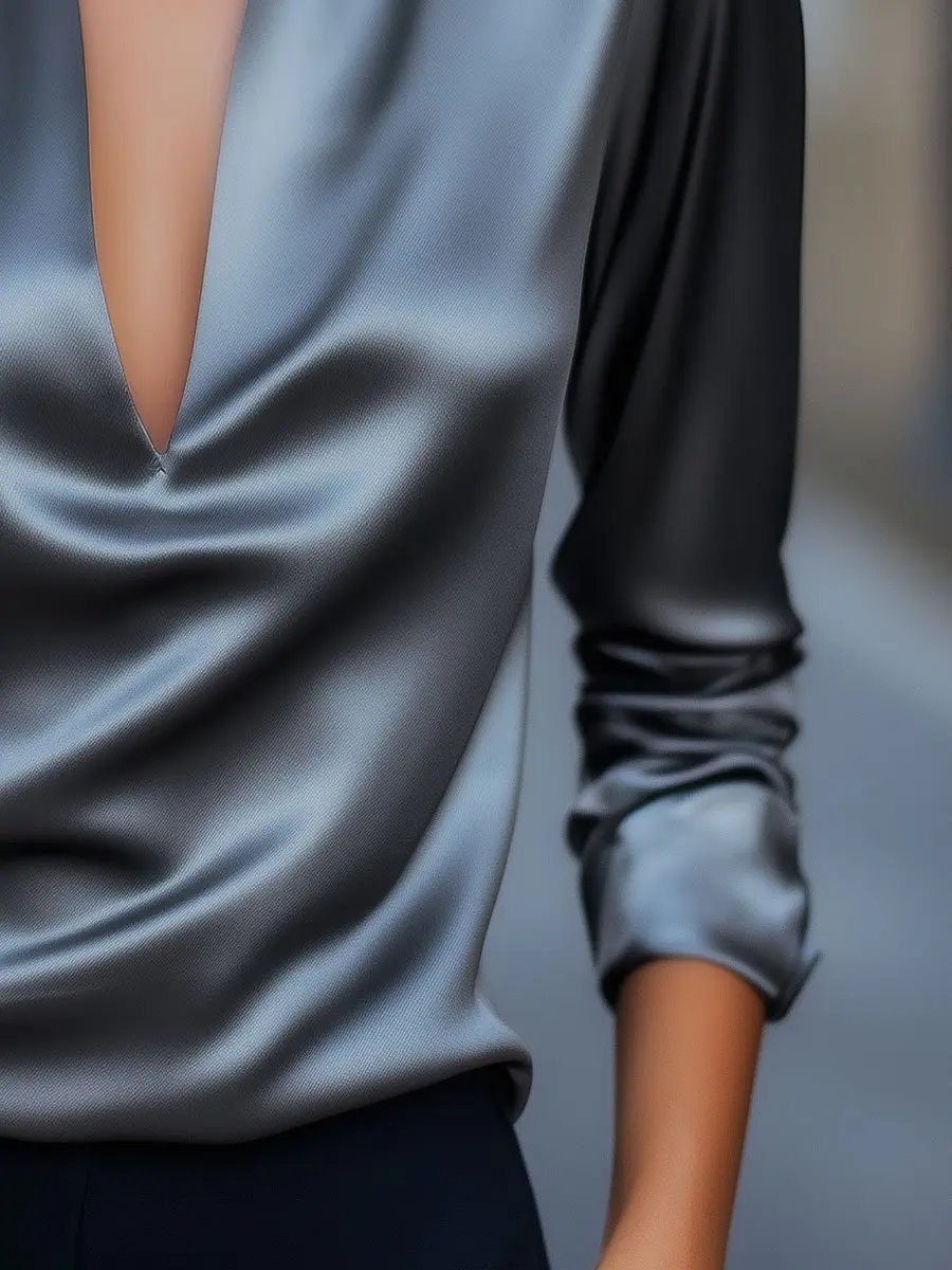Sleek Silver Satin Plunge V-Neck - Blouse CAAYWORLD