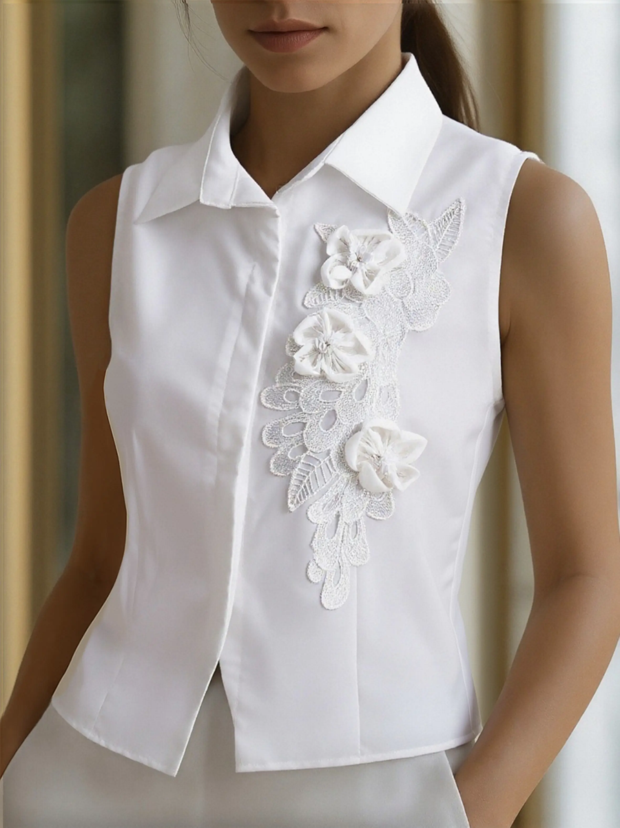 Sleeveless 3D Floral Appliqué Summer Top - T-Shirt CAAYWORLD